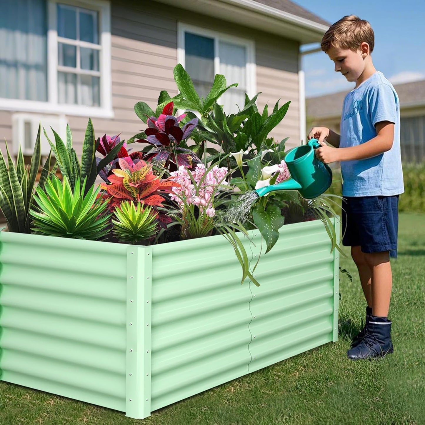 CABIHOME Galvanized Steel Raised Garden Bed Kits,Large Open Base Outdoor Planter with Safety Edge,Durable Metal Plant Box with Gloves,for Vegetables Flowers Herbs