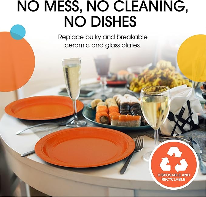 Exquisite Party Solids Orange Paper Plates Disposable Heavy Duty 7 Inch Orange Disposable Plates For Party 100 Pcs Heavy Duty 350 GSM, Birthday Supplies