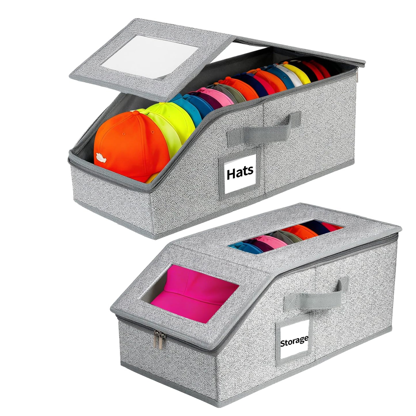 2 Pack Hat Storage Boxes for Baseball Caps - Stackable Clear Hat Organizer Box with Window Lid, Dustproof Closet Hat Case for 20-30 Caps, Large Foldable Ball Cap Storage Organizer for Men & Women