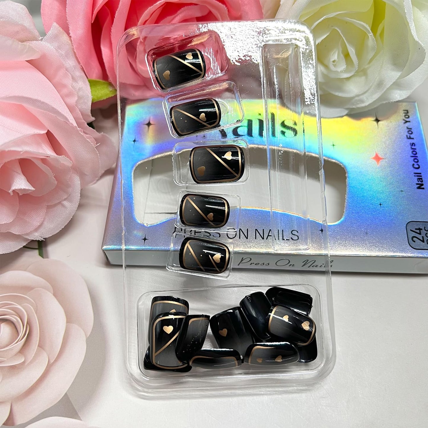 Press on Nails Black Gradient False Nails Gold Heart Line Glue on Nail Glossy Short Square Stick on Nail for Women DIY Manicure