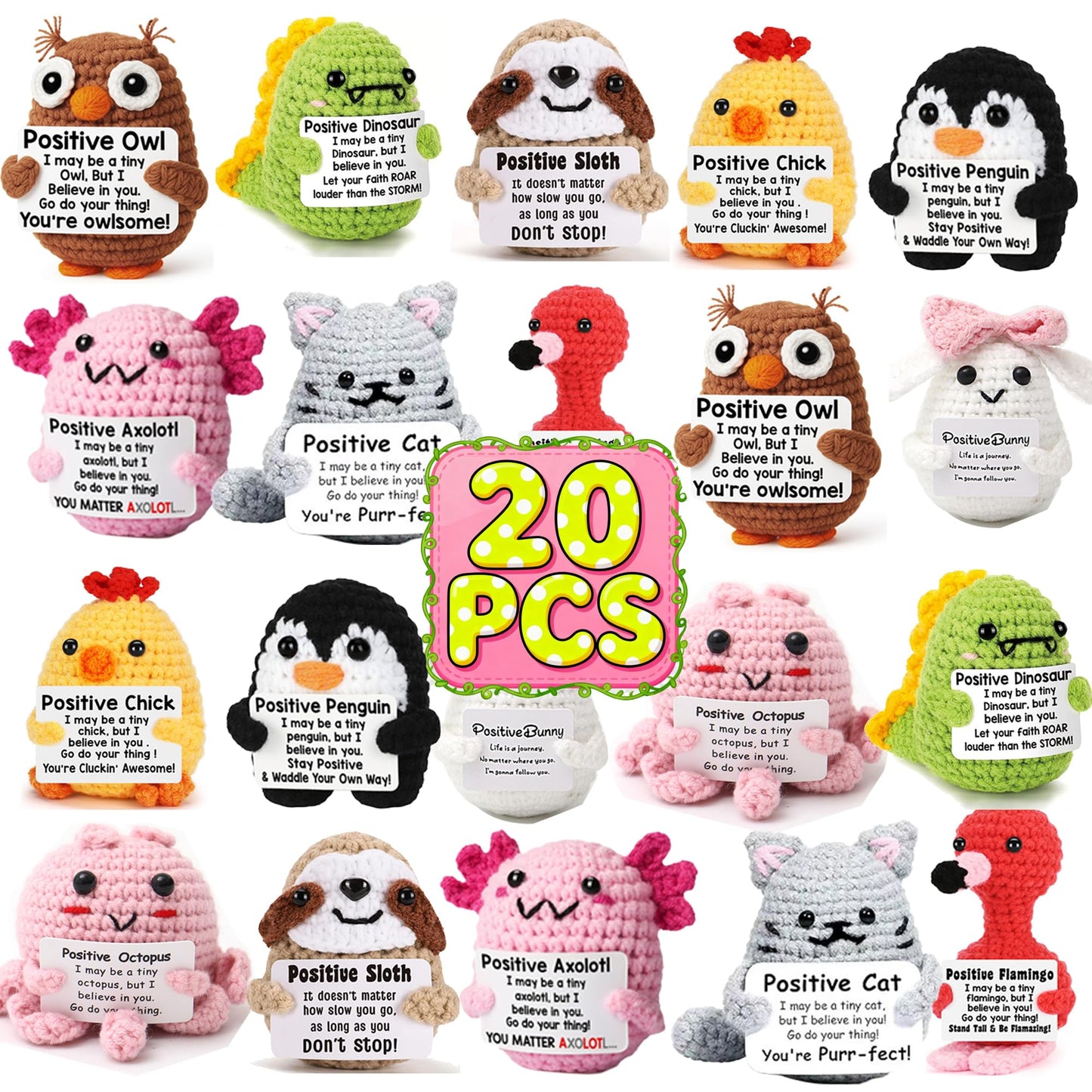 FANLANTEE 20 Pack Positive Crochet Animals Bulk,Mini Emotional Support Gifts for Office Desk,Team Motivation,Employee Appreciation,Special Moments for Women Men