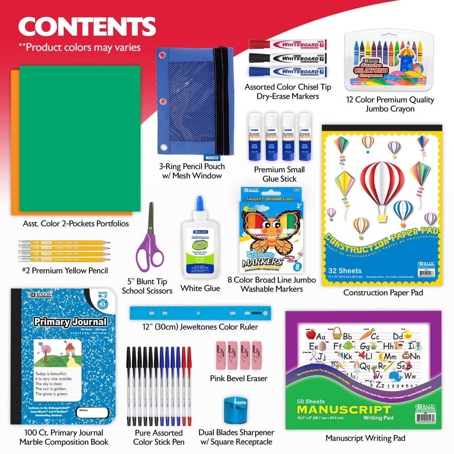 BAZIC PRODUCTS Primary School Supply Kit, 57-count Student Set for Kindergarten and Elementary Students Grades K–6, Complete School Supplies With Fully Organized Supply Box, 1-pack