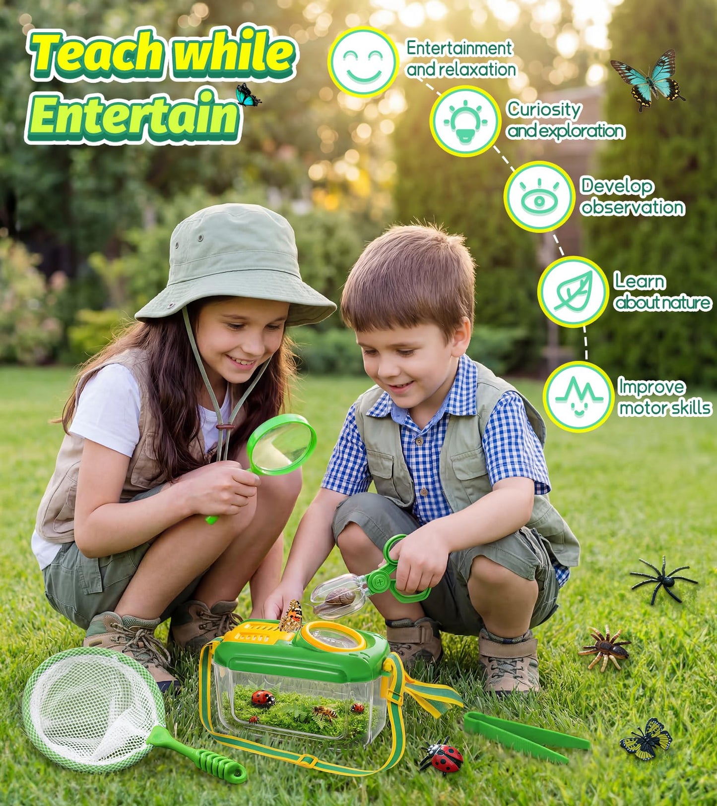 Bug Catcher for Kids, 17 PCS Bug Catching Kit with Bug Collector Toy Bugs Butterfly Net Magnifying Glass Insect Catcher Tweezers, Outdoor Explorer Kit for Kids Age 3 4 5 6 7 8