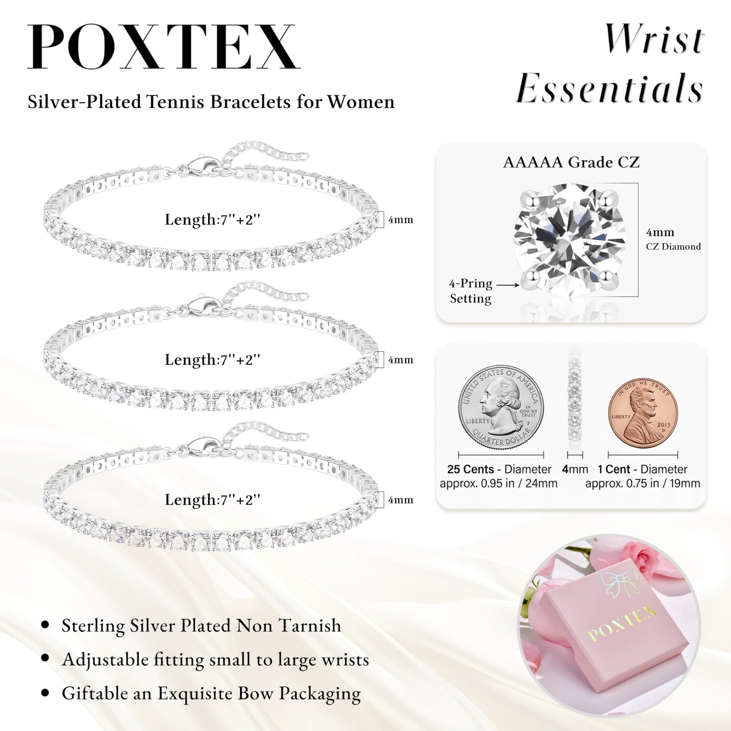 Chunky 4mm Silver Tennis Bracelet Set for Women, Sterling Silver Plated Triple Stackable Large Zirconia Bracelets, Bold Statement Jewelry, 3-Piece Heavy-Shine Link Set, Y2K Fashion Accessory