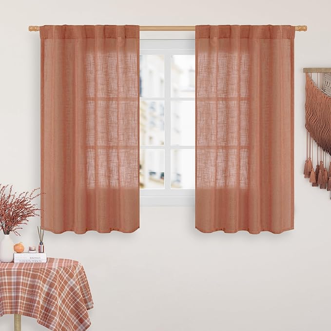 LAMIT Terracotta Linen Curtains for Small Windows 45 inch, Light Filtering Panels Back Tab and Rod Pocket Fall Decor Drapes for Cafe/Bathroom/Loft Room, 2 Panels, 34 x 45 Inch