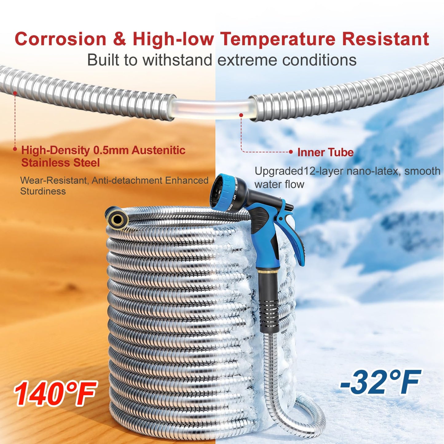 Lefree 100ft Metal Garden Hose - Heavy Duty 304 Stainless Steel Flexible Water Hose, No Kinks & Leak-Proof with Upgraded Handle, 10-Function Spray Nozzle & 4 Spare Gaskets for Yard, RV, Pet Bath