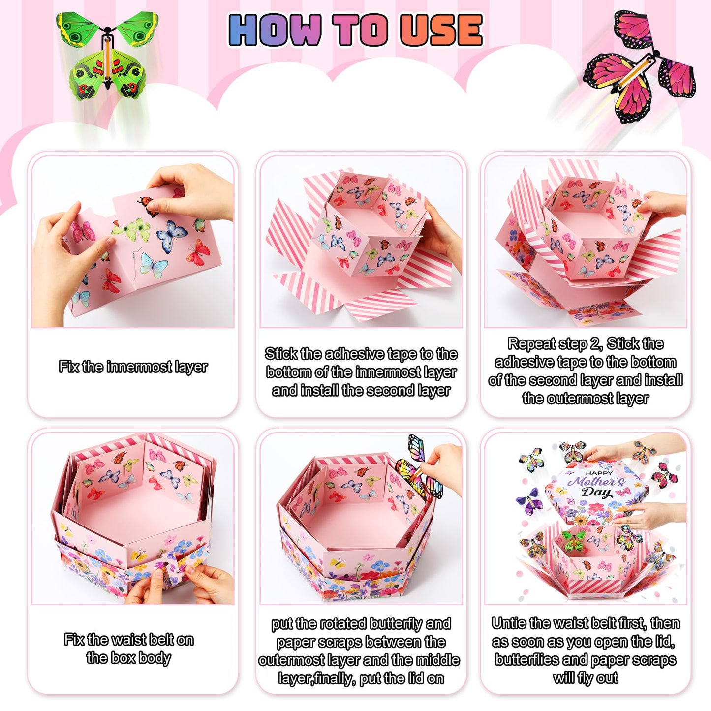 AmazingSpark Happy Mother's Day Flying Butterfly Surprise Explosion Gift Box 5.7 x 5.7 x 5.7 Inches Gift Explosion Box with 15 Pcs Flying Butterfly Exploding Surprise Gift for Mother's Day Birthday
