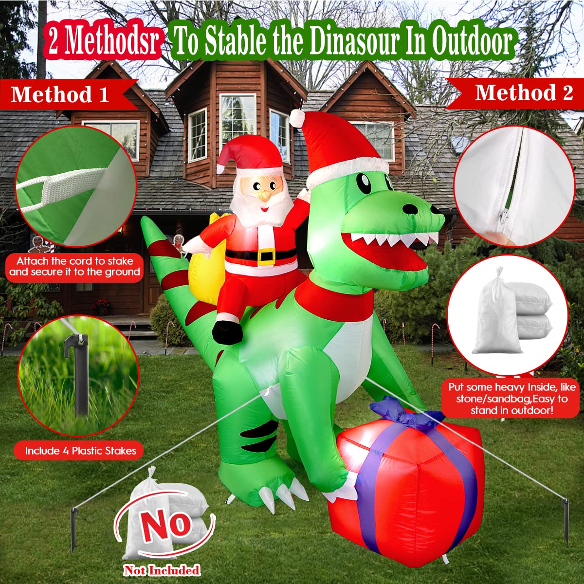 5 Ft Christmas Inflatable Dinosaur with Santa, LED Lights, Indoor Outdoor Holiday Yard Decor, Green T-Rex with Gift Box