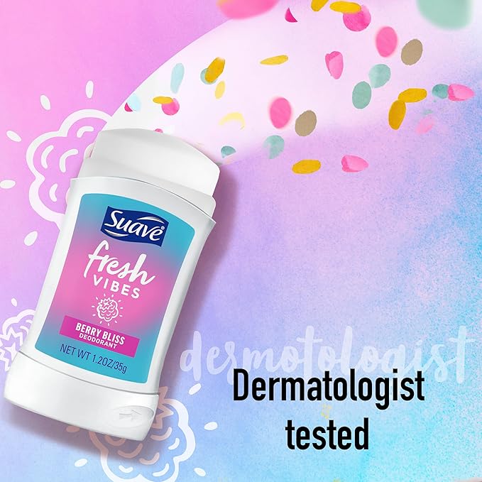 Suave Fresh Vibes Deodorant Stick Berry Bliss Aluminum Free 48 Hour Deodorant Protection Dermatologist Tested Body Deodorant 1.2 OZ(Pack of 12)