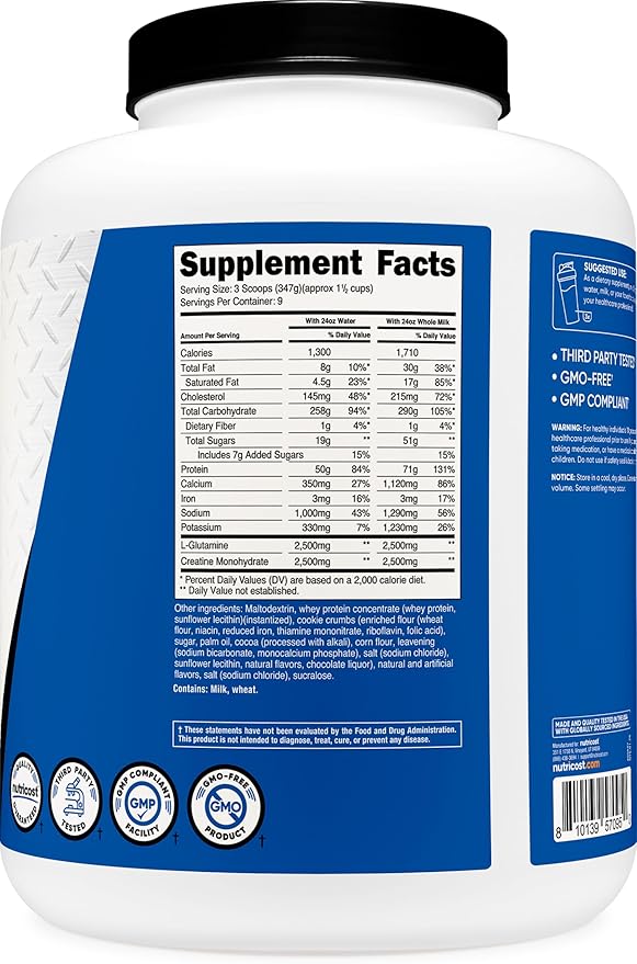 Nutricost Mass Gainer Cookies N Cream Flavor, 6.9 LBS, 50 Grams of Protein Per Serving - Non-GMO