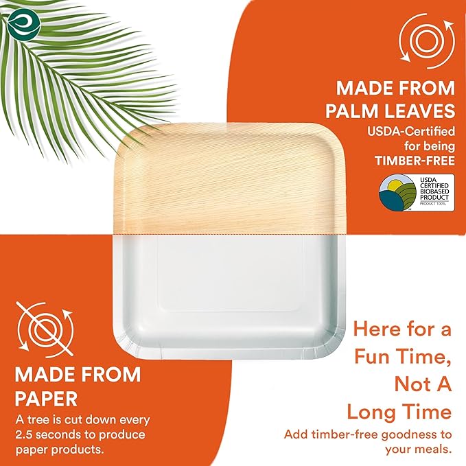 ECO SOUL 7&10 Inch Disposable Palm Leaf Bundle Plates [100 Pack] Premium Food-Safe Heavy Duty Compostable Bamboo Paper Plates for Lunch, Dinner, Weddings, Party, Camping & Catering Events [Square]