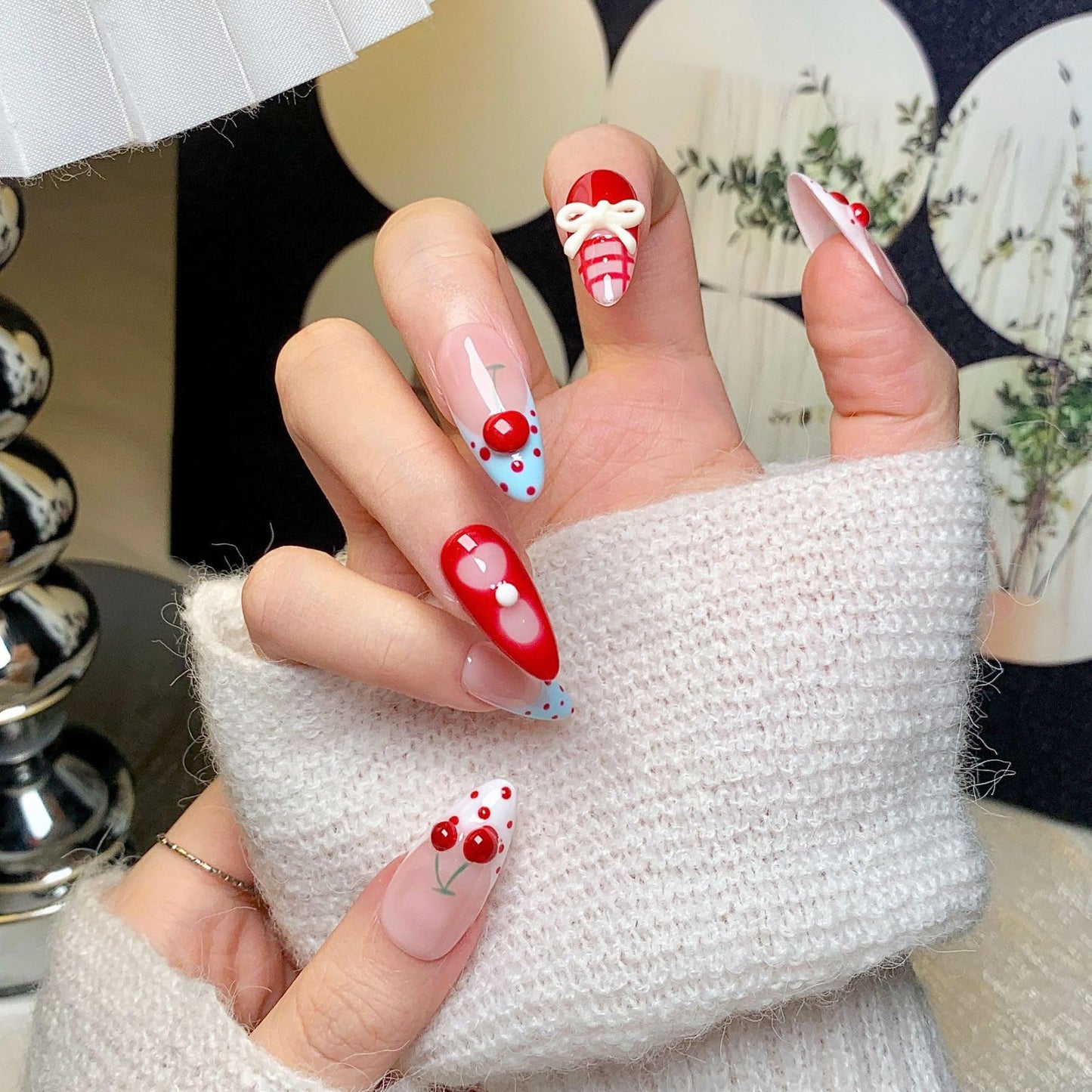Medium Press on Nails Almond - Handmade Fake Nails with 3D Bow Cherry Design - Red Full Cover Glue on False Nails for Women - (Size M)