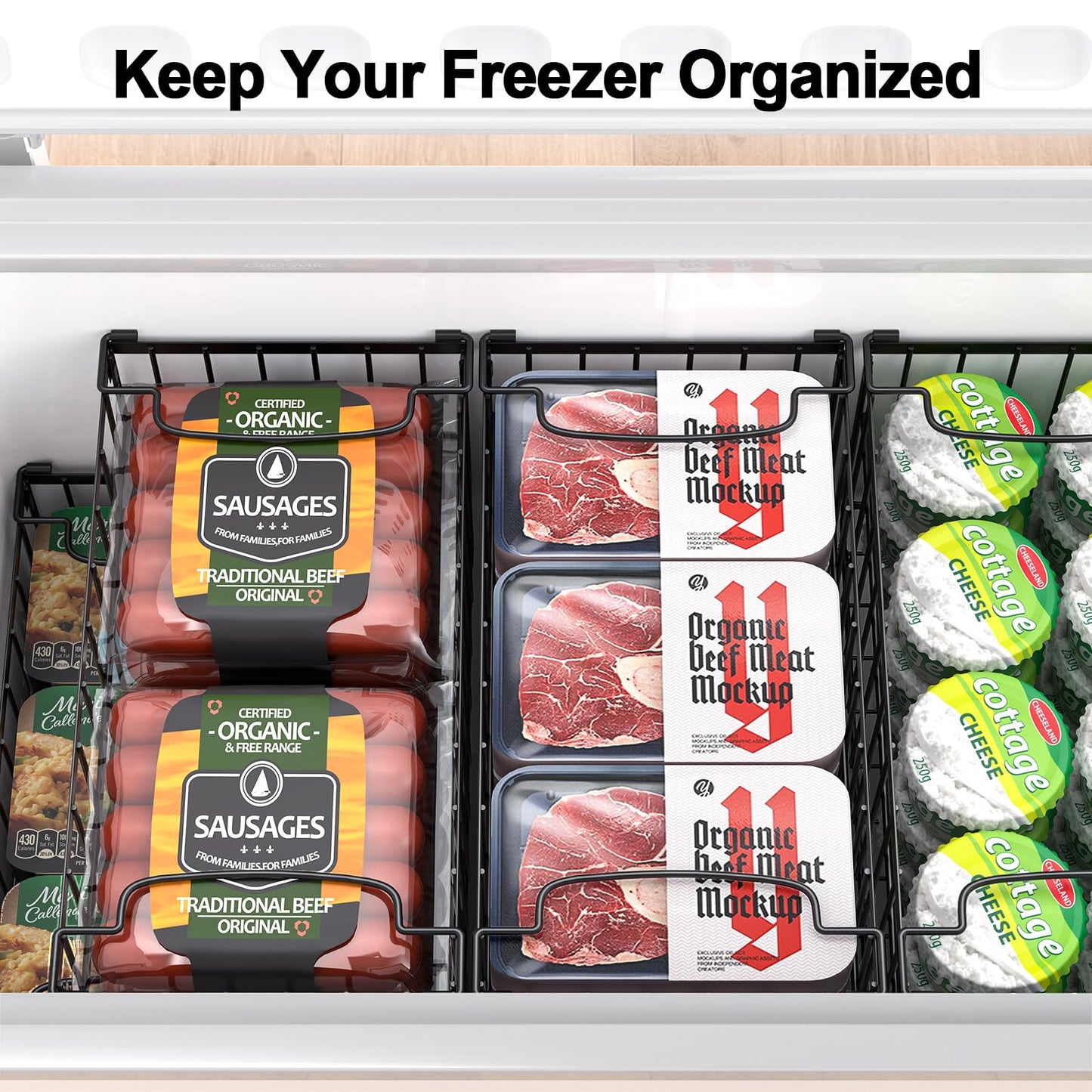 MSERCUOR Freezer Organizer Bins, 4 Pack Stackable Deep Chest Freezer Organizer Bins, Foldable Baskets with Handles, Black Storage Container Baskets for 5/ 7 Cu.FT Deep Freezer Sort Frozen Meats