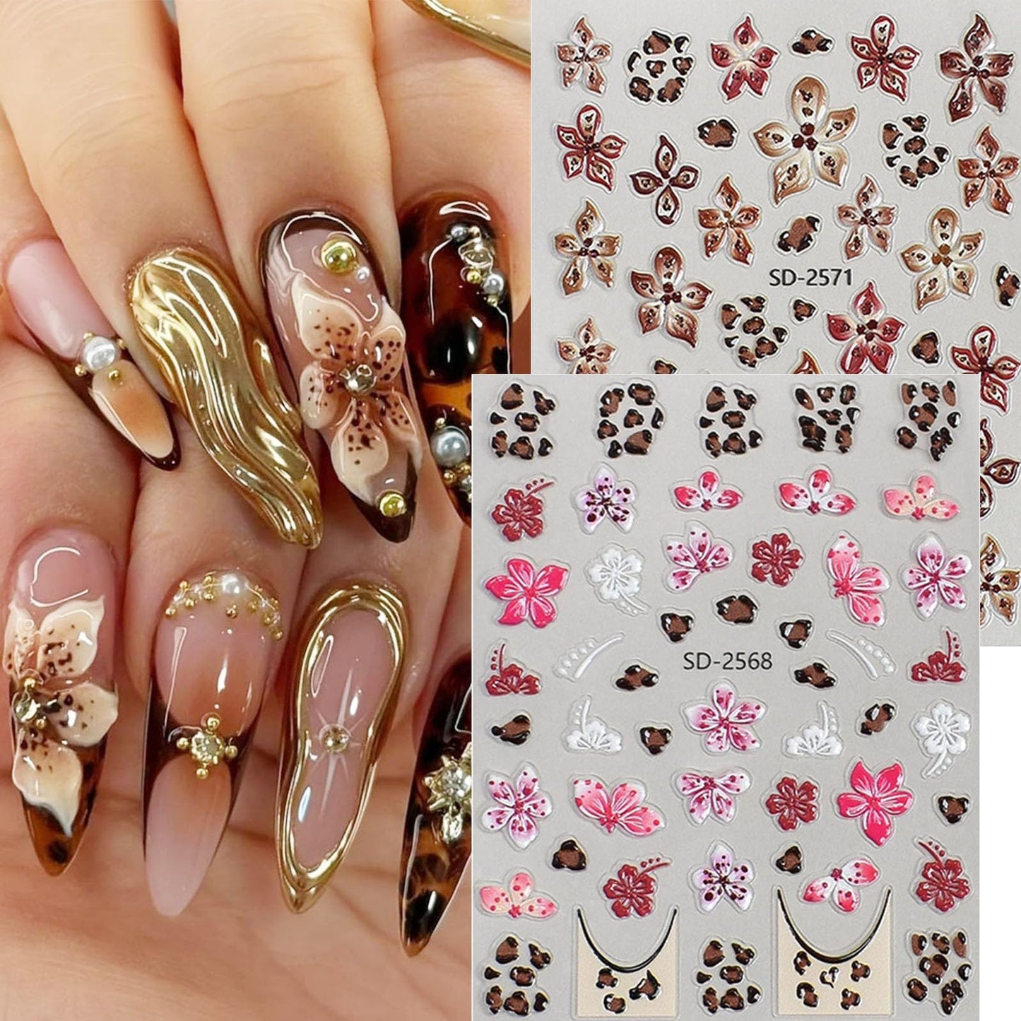 French Leopard Print Flower Nail Art Stickers 3 Sheets 5D Embossed Orchid Lily Cherry Blossom Floral Wild Leopard Print Press On Nails Decals Nail Charms Japanese Style Decorations Nail Stuff