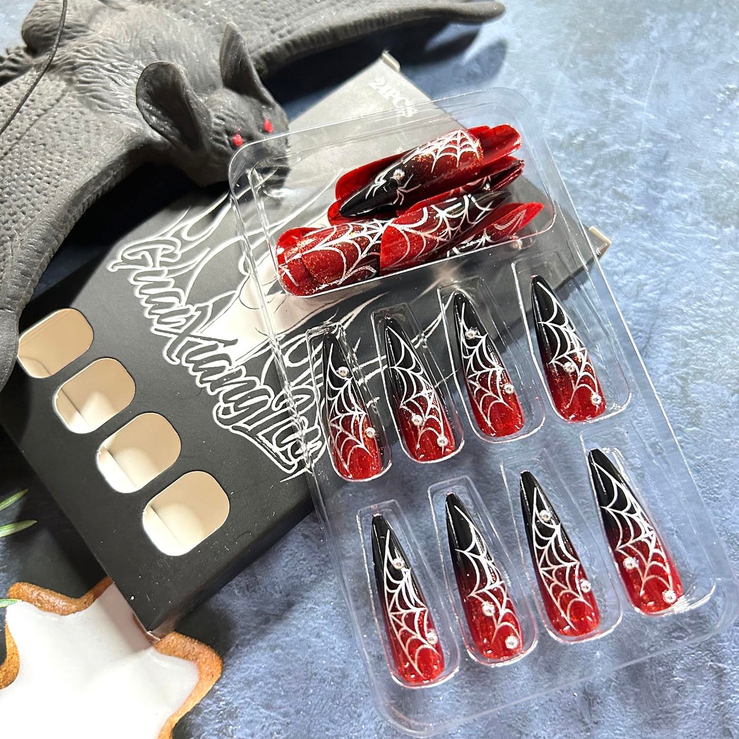 Spider Web Halloween Press on Nails Long Silver Steel Ball Spider Design Halloween Nail Full Cover Glossy Artificial Acrylic False Nail Wine Red Gradinet French Tip Long Stick on Nails for Women