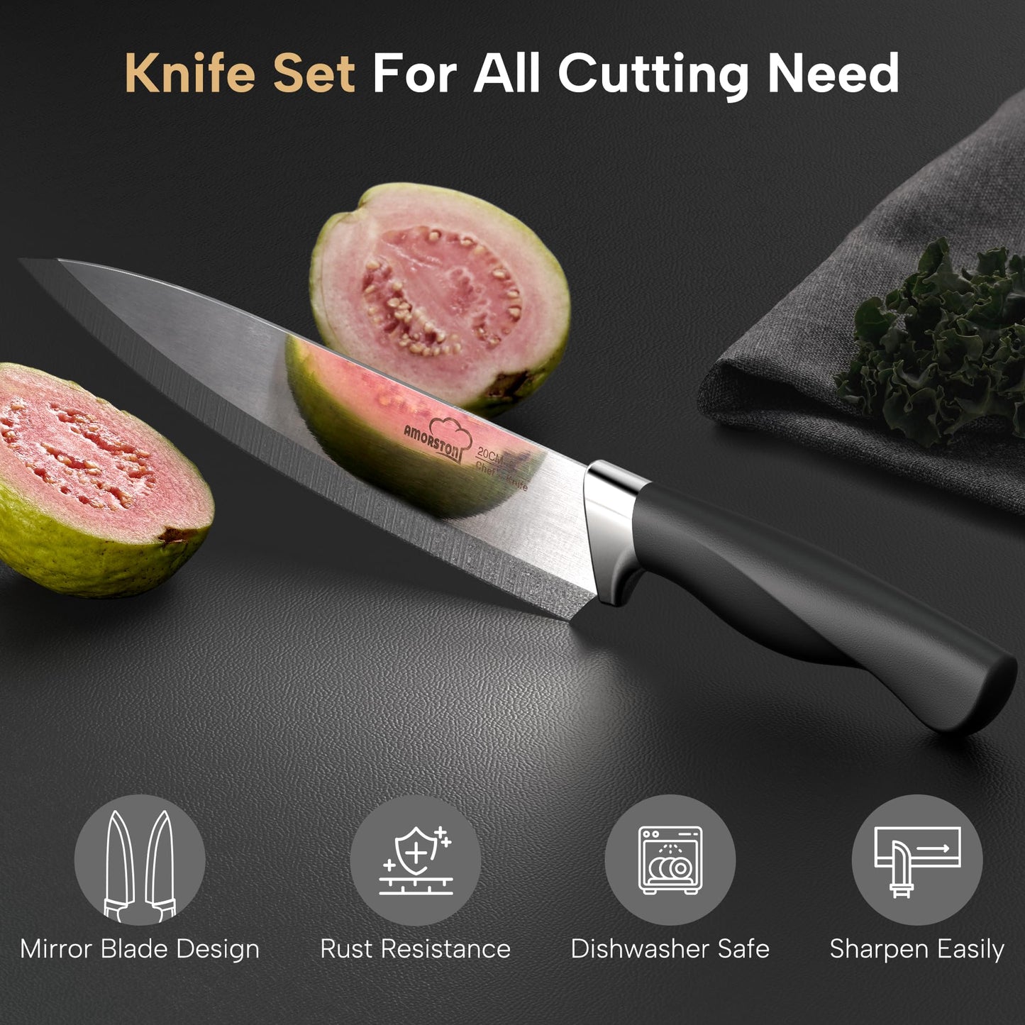 Knife Set, Amorston 14-Piece Kitchen Knives Set with Block & Sharpening Stone, Stainless Steel Dishwasher Safe, Knife Block Set with Ergonomic Handle, Professional Kitchen Knives for Home Cooking