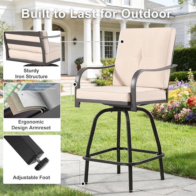 Patio Swivel Bar Stools Set of 4, Outdoor Bar Height Swivel Chairs with Cushions for Garden Balcony Backyard, Beige