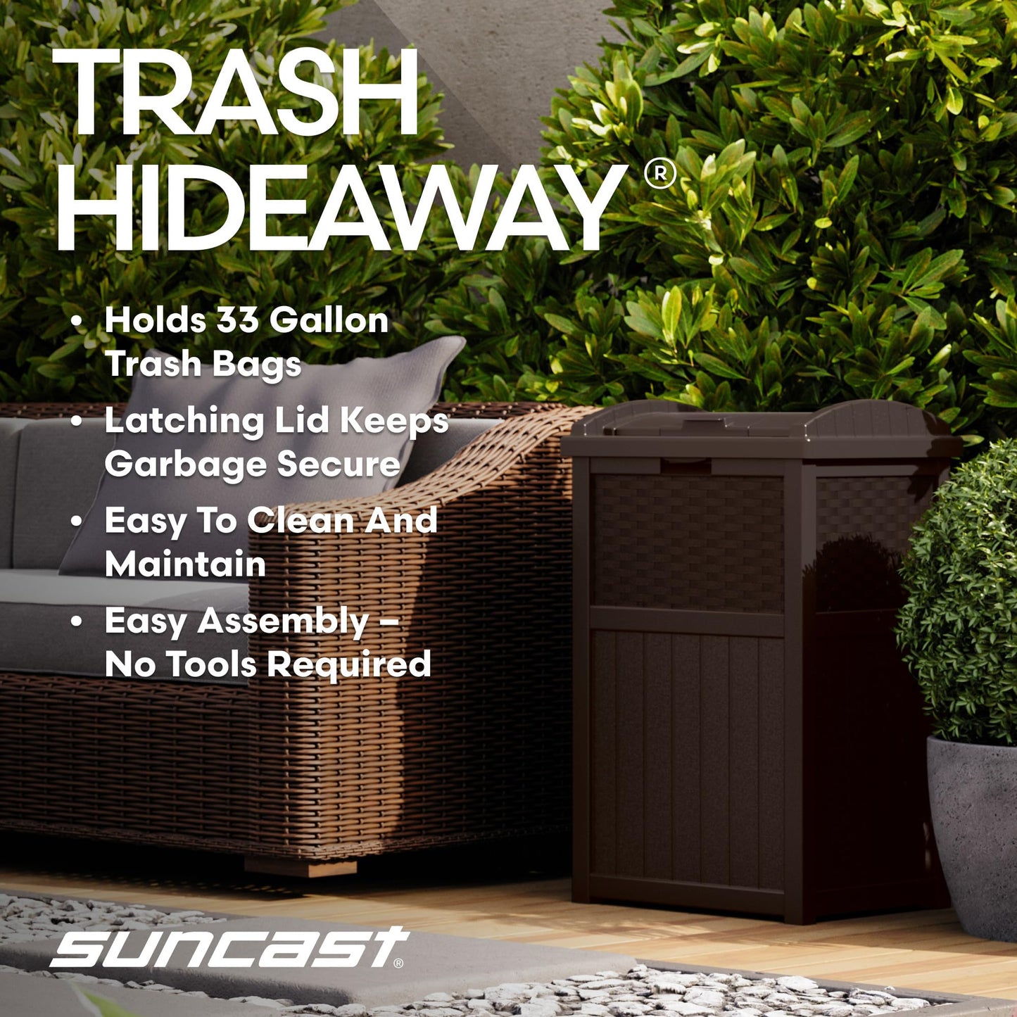 Suncast 33 Gallon Commercial Outdoor Trashcan Hideaway with Lid for 30 to 33 Gallon Trash Bags for Garage, Backyard, or Garden, Brown