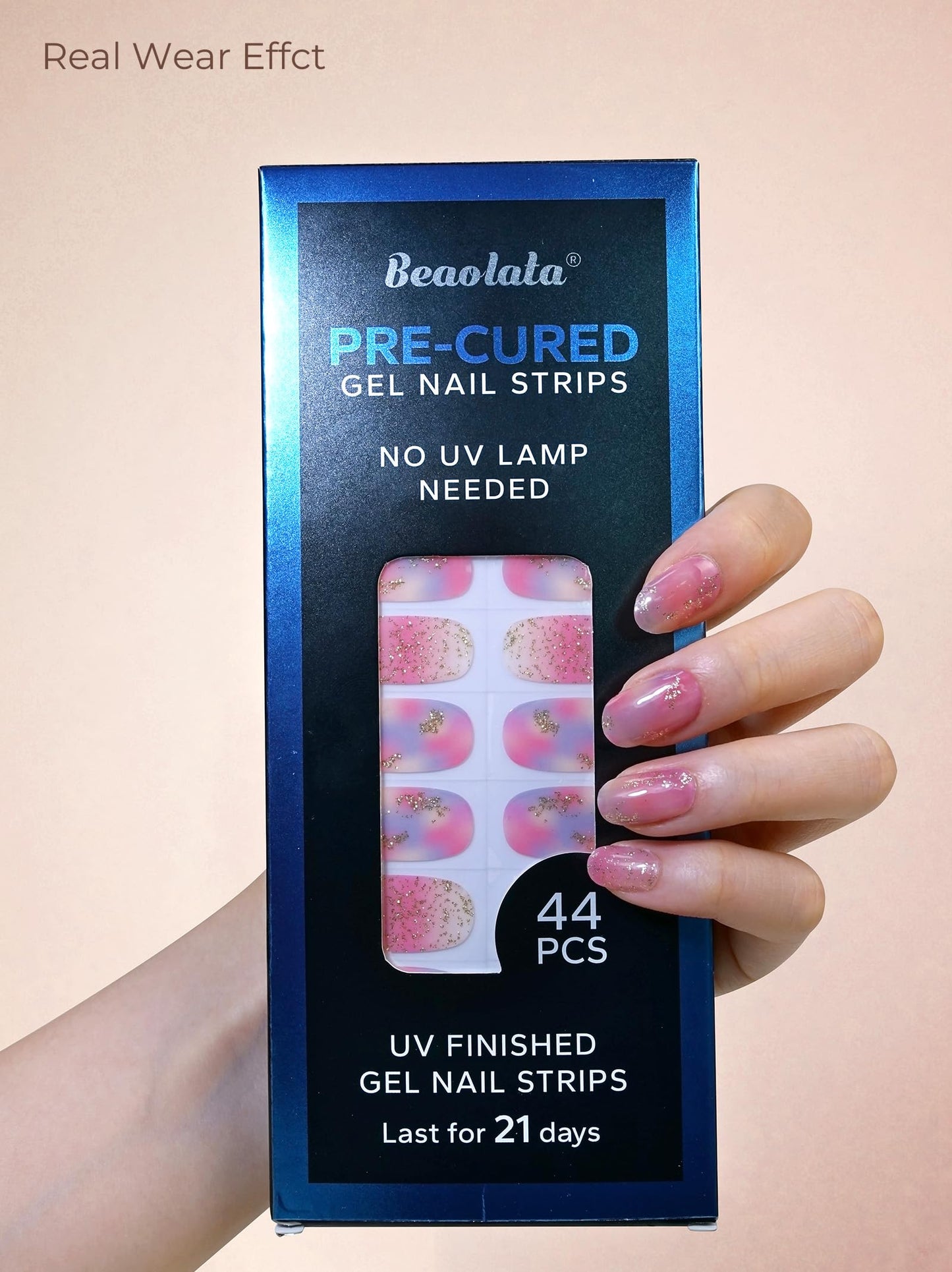 Beaolata Real Gel Nail Strips (No UV Light Needed) - 44Pcs Salon Quality Nail Stickers - Long Lasting Polish Wraps for Women, Easy Apply & Remove (Dusk Pink