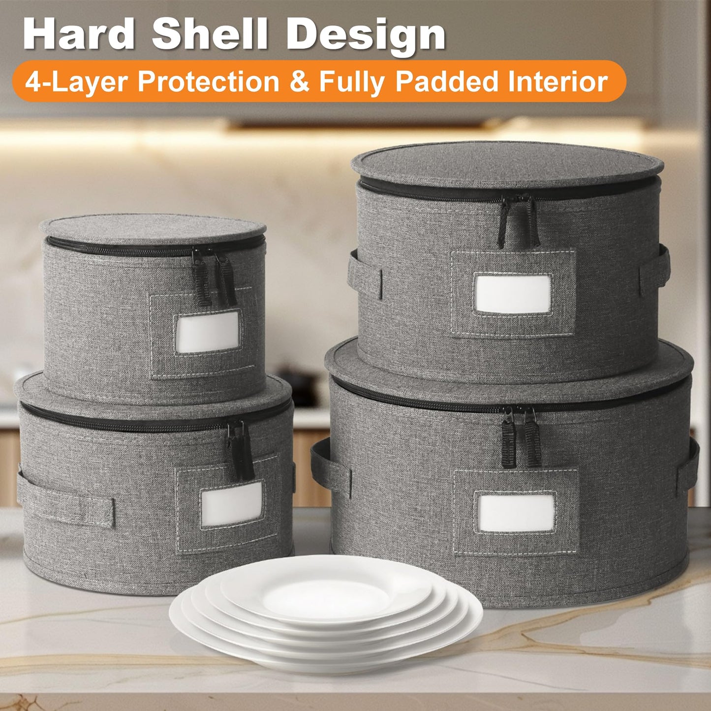 Kukikan China Storage Containers, 4 Pack Hard Shell Moving Boxes, Dish Storage Containers with Felt Dividers for Charger Plates Dinnerware, Stackable Cases for 12 Place Setting Up to 11.4" Dia.