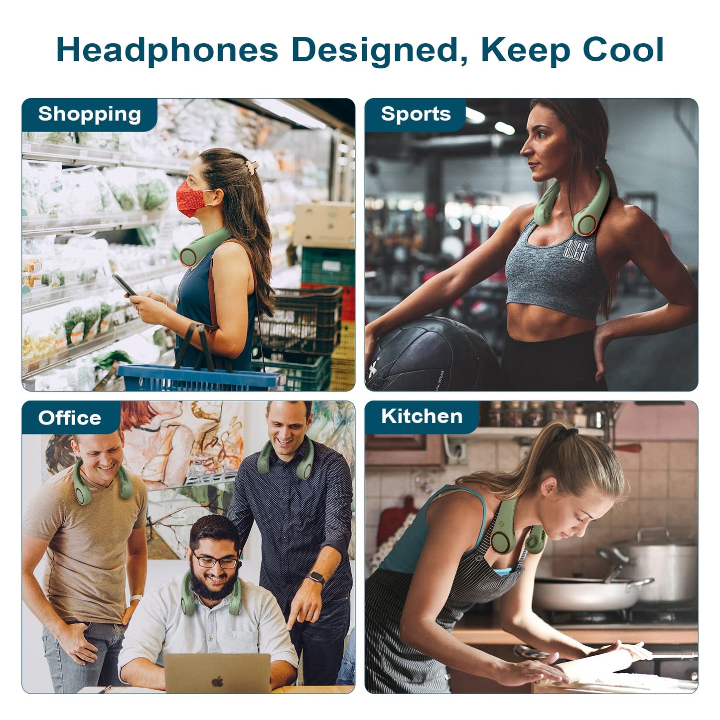 CIVPOWER Neck Fan: Portable Personal Neck Cooling Rechargeable Bladeless Fan - Hands Free 3 Speed 4000 mAh Battery USB Operated Wearable Headphone Design - Gift for Men Women Outdoor (Light Green)