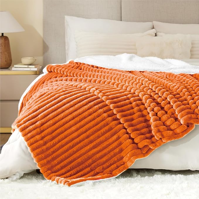 INFIIXSO Sherpa Throw Blanket for Couch - Super Soft & Warm Striped Fleece Blanket, Cozy Plush Fluffy Blanket All Season Use (Burnt Orange, 50x60 Inches)