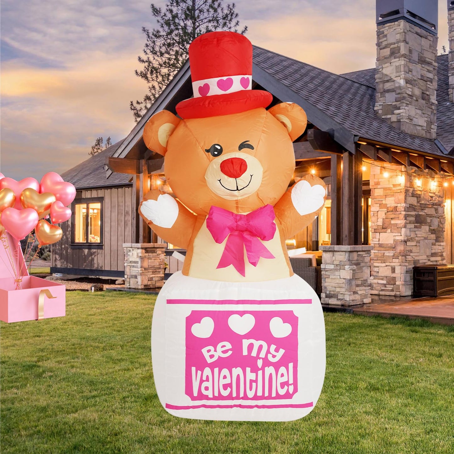 InfleasJoiy 4FT Outdoor Inflatable Decoration with LED Lights, Holiday Celebration Decorations for Yard, Lawn and Patio InfleasJoiy 4FT Bear Standing on Gift Box