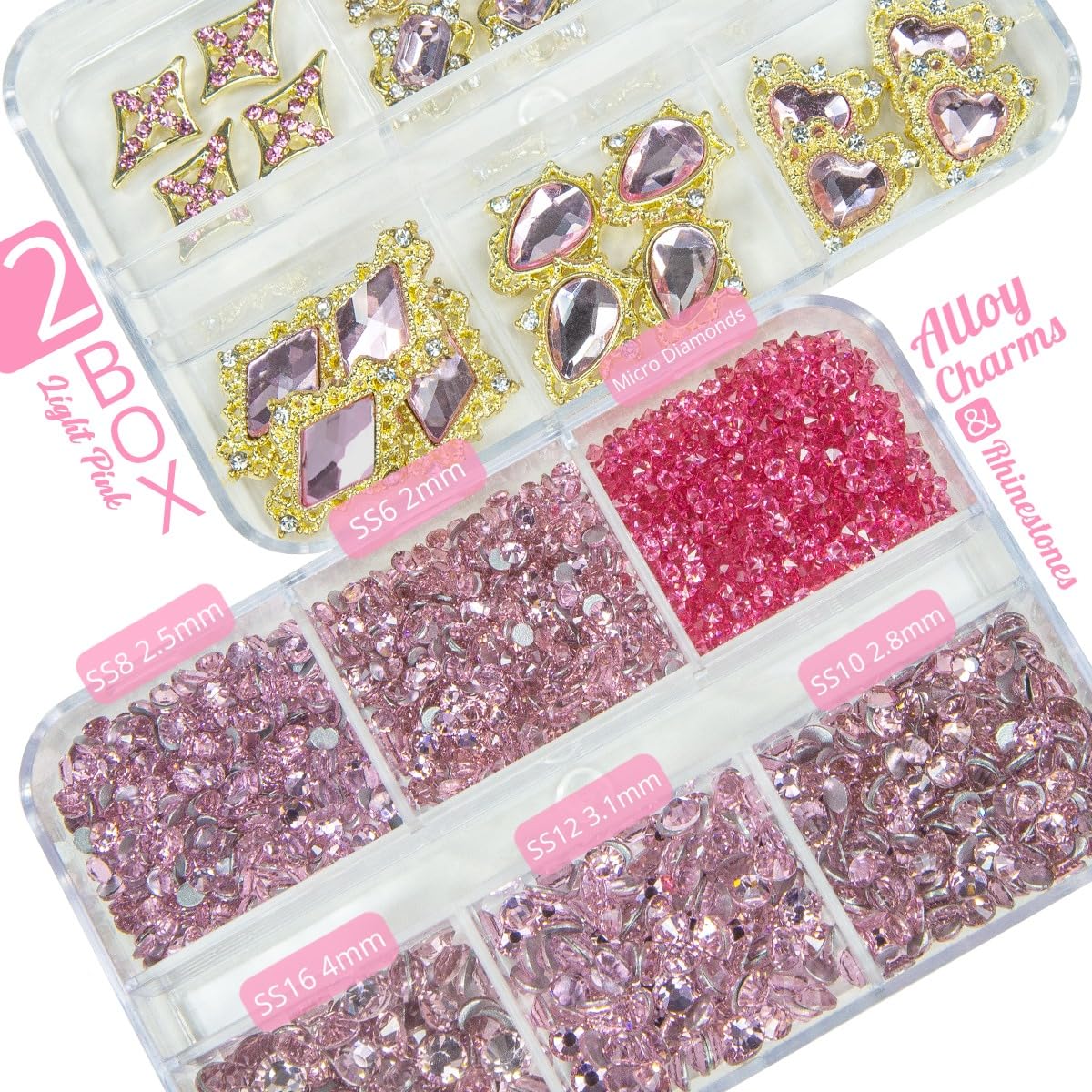qiipii 24pcs Pink Luxury Nail Charms +2000pcs Rhinestones 3D Big Nail Gems K9 Glass Nail Crystals Diamonds Jewelry Stones Alloy Nail Art Studs Decor Supplies Heart Charms for Arylic Nails DIY Crafts