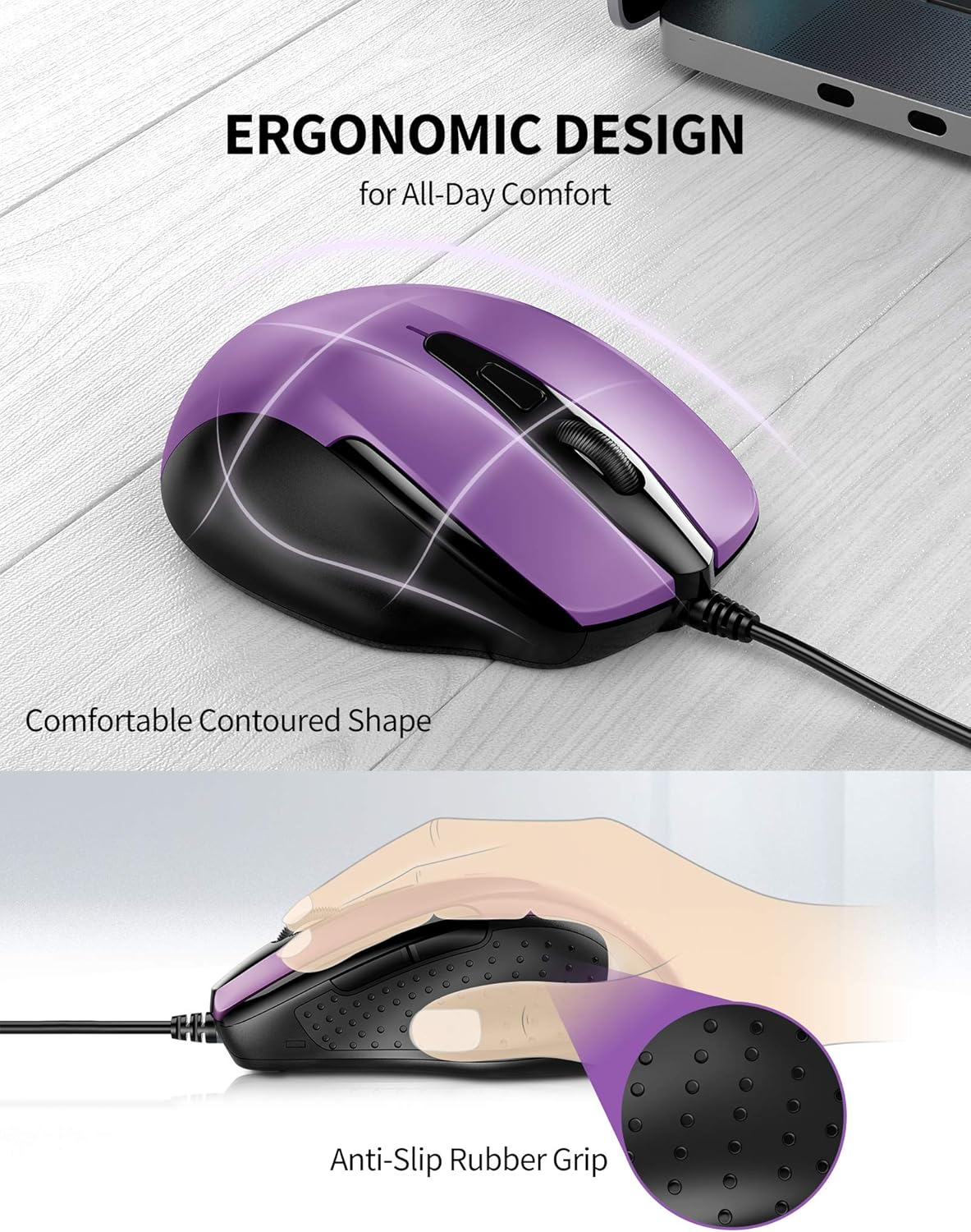 TECKNET USB Wired 6-Button Mouse With 4 Adjustable DPI, Optical Computer With Ergonomic Design and 5FT Cord for Laptop, Chromebook, PC, Desktop, Mac, Notebook - Purple