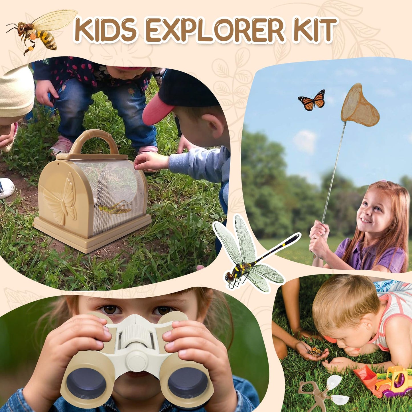Bug Catcher for Kids Explorer Kit Kids Bug Catching Kit, Bug Catcher Kit for Kid with Binoculars, Magnifying Glass, Butterfly Kit for Aged 3+ (Brown)