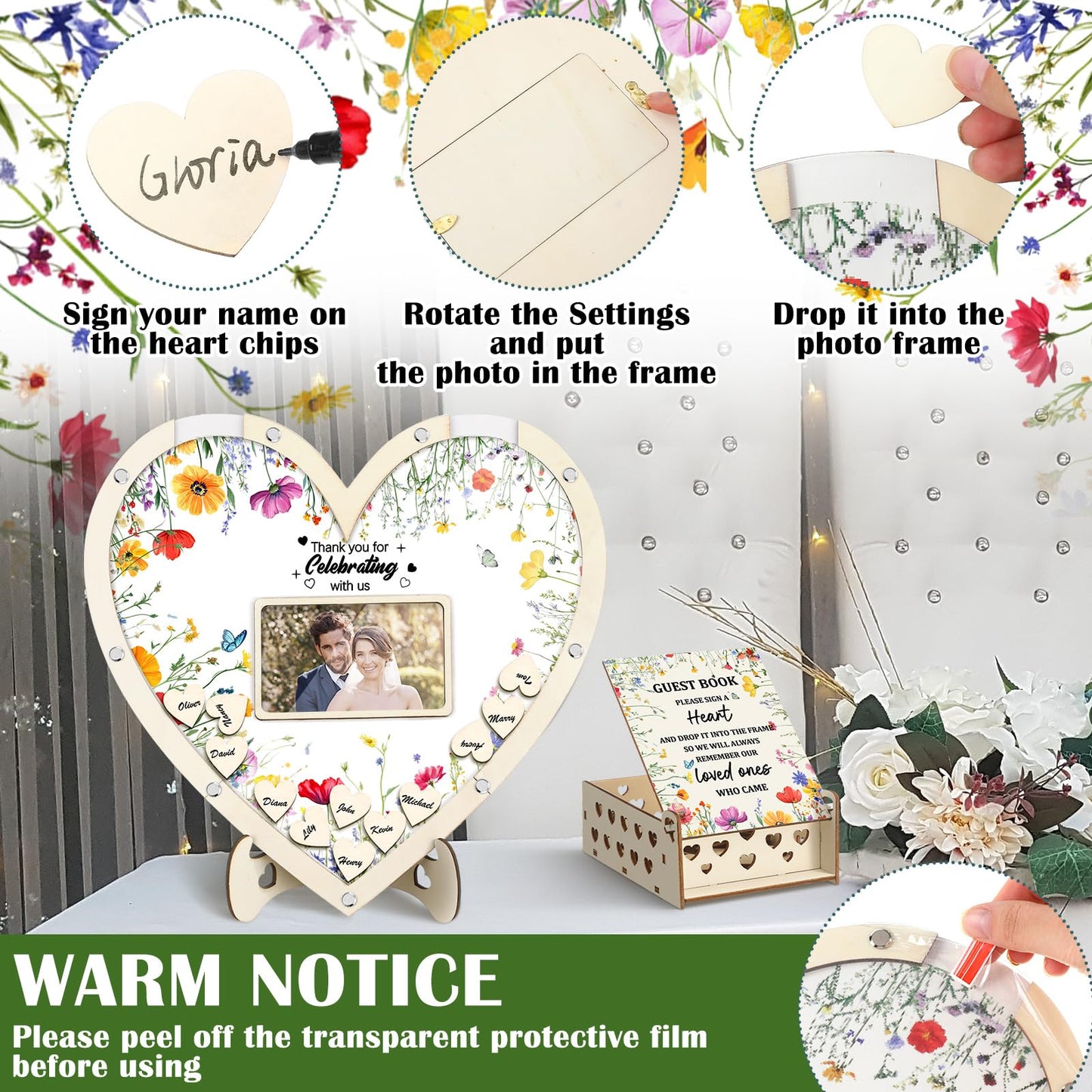Chunful Wedding Hearts Guest Book Alternative with 100 Wooden Hearts Chips Storage Box and Pen Brown Wooden Theme Heart Picture Frame Rustic Guest Book Reception for Wedding Ceremony (Wildflower)