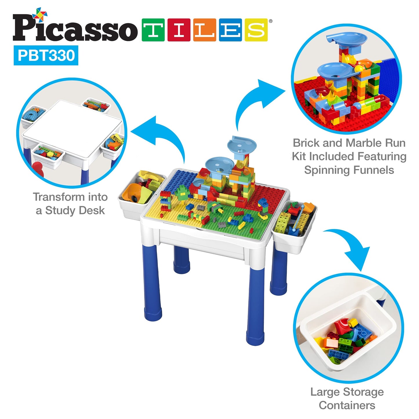 PicassoTiles Kids Activity Center Play Table & Study Desk Set Sandbox Water Tight Container Storage All-in-1 STEM Toy Kit Playset with 330pc Dual Size Building Bricks Construction Blocks Marble Run