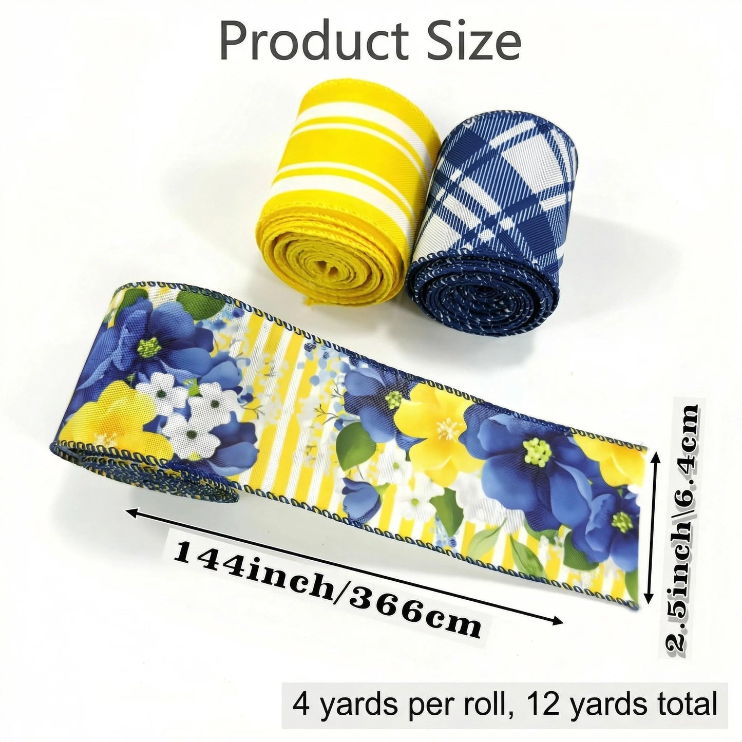 Spring Summer Blue Floral Wired Ribbon, Retro Yellow Blue Flower Ribbon for Bow Wreath Making DIY Gift Wrapping, Holiday Wedding Birthday Party Decorations, 3 Rolls, 2.5Inch,12 Yards (Blue)
