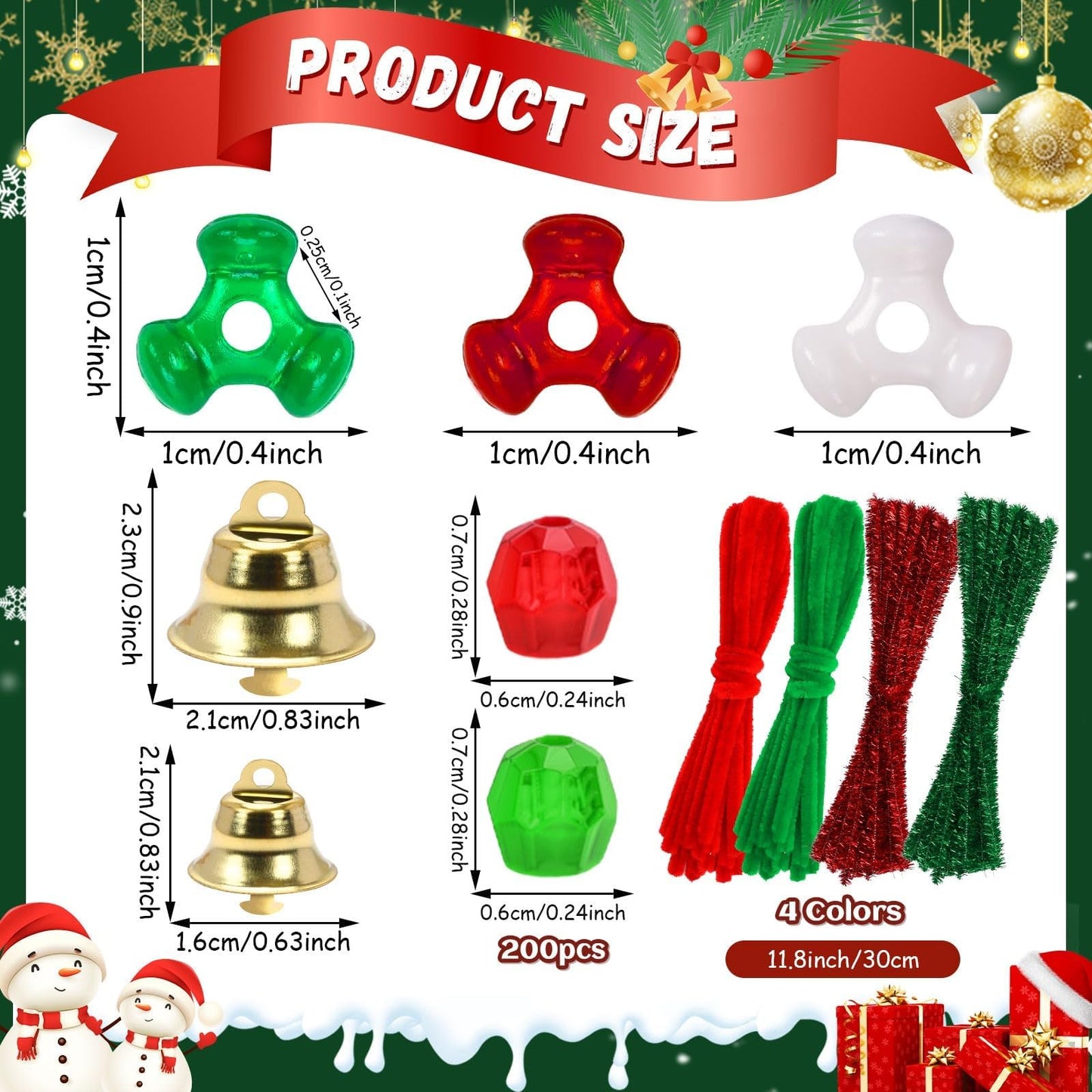 UPINS 2000pcs Christmas Tri Beads,Christmas Beaded Ornament Kit Red Green White Beads Pipe Cleaners Golden Bells for Tree Hanging Wreath Cane Jewelry Making Party Decoration
