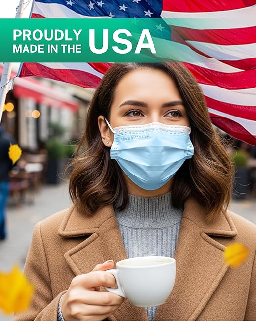 Disposable Face Masks Made in USA, 4 Ply for Families, Students, Breathable All-Day Wear & Safety, FSA HSA Eligible, ASTM Level 3 Medical Grade (50 Pack, Light Blue)
