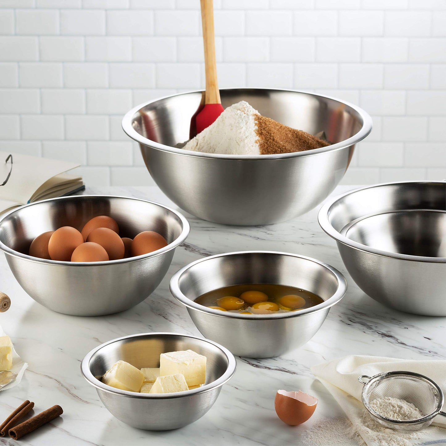 FineDine Stainless Steel Mixing Bowls Set, Dishwasher Safe, 6 Piece Metal Mixing Bowls For Kitchen, Nesting, Large, Small, Big Food Prep, Cooking, Baking