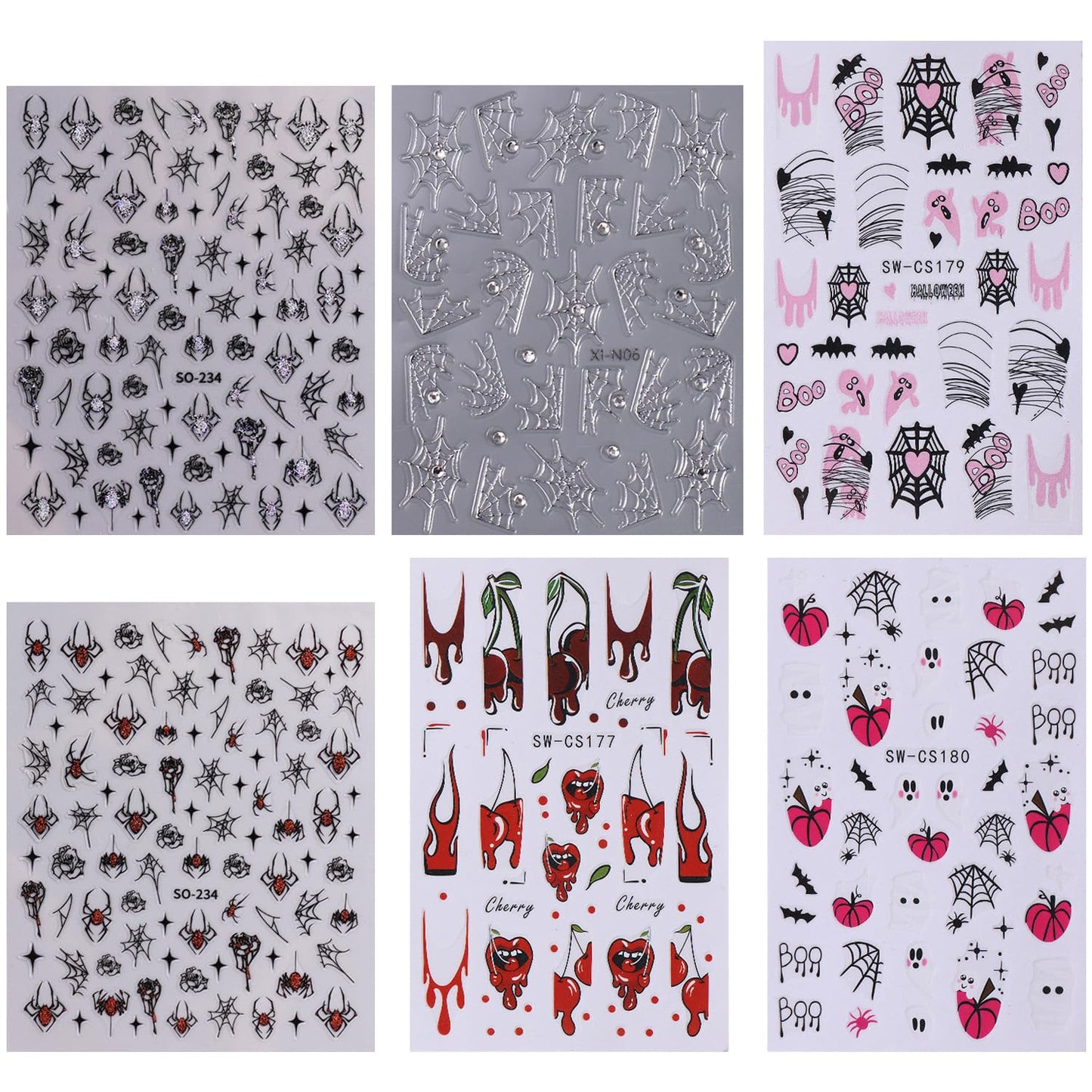 6 Sheets Halloween Nail Art Stickers Decals 3D Self-Adhesive Spider Web Nail Stickers Spider Ghost Pumpkin Red Blood Lips Designs Halloween Nail Decals Supplies for Women Nail Art Decorations Charms