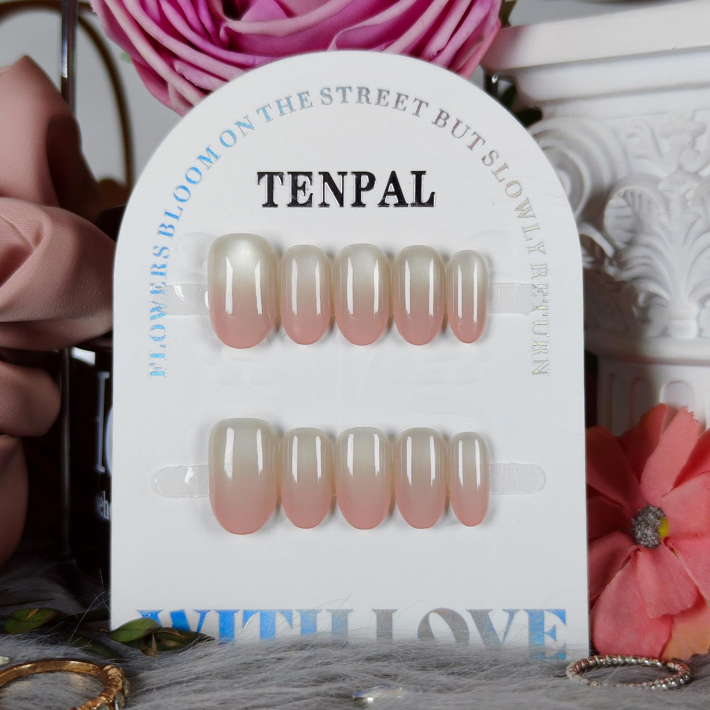 TENPAL Iridescent Cat Eye Press on Nails Medium Oval - Pink Ombre Waterglass Glitter & Handmade, Reusable Sheer False Nails for Everyday(XS)