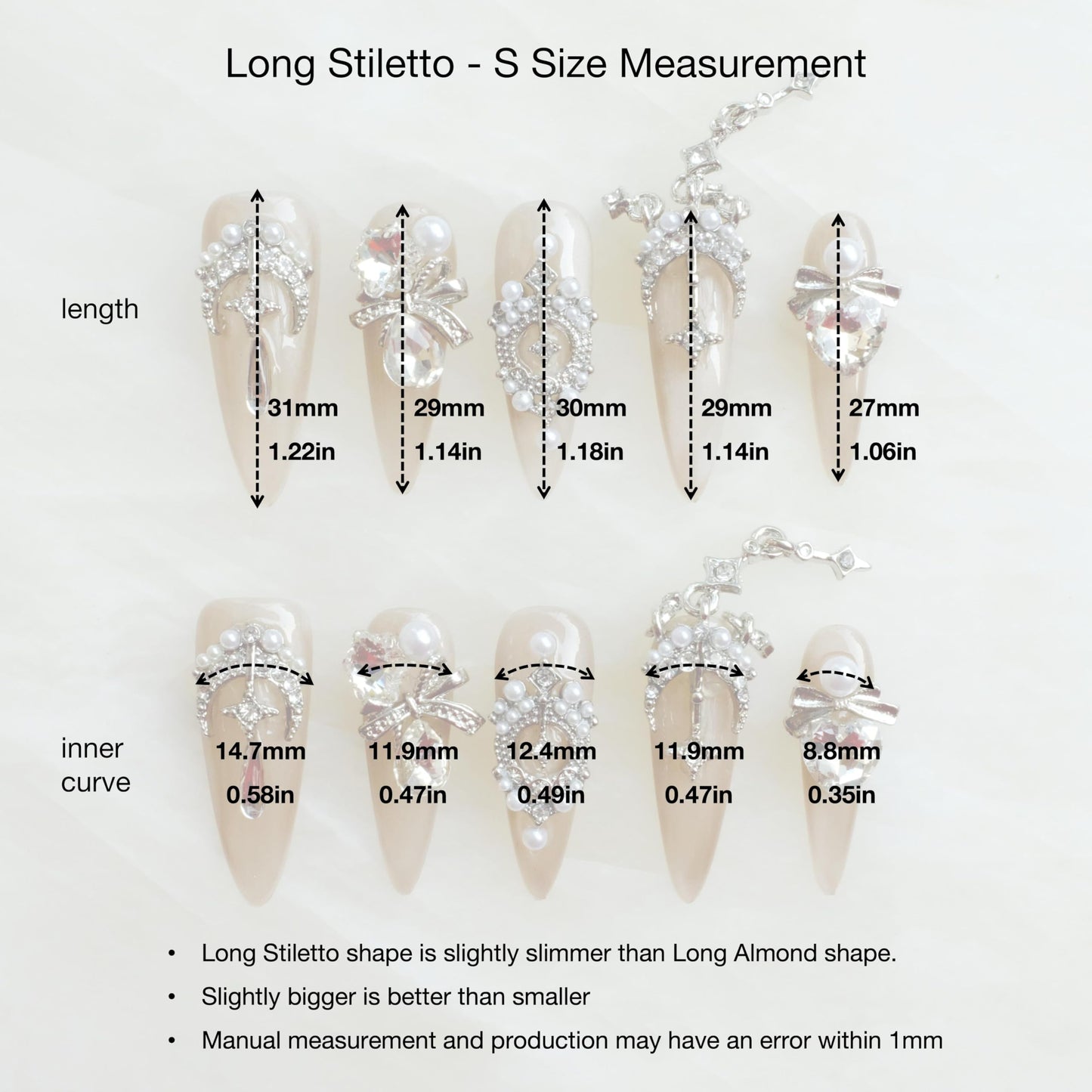 [GLORS] Luxury Press-On Nails, Nude False Nails with Rhinestones and Pearl Chain in Long Stiletto, 10 Pieces (S, LS)
