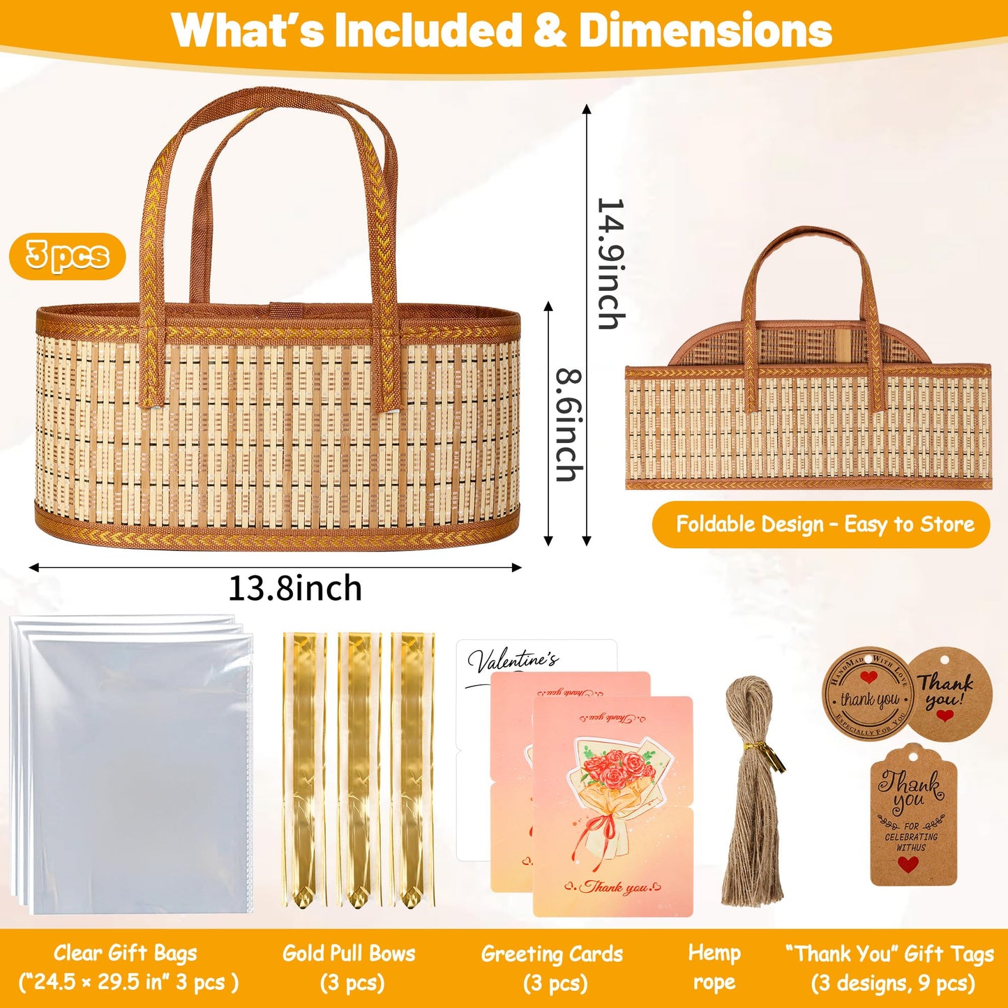 Leevcok 3 Set Baskets for Gifts Empty, Large Bamboo Gift Basket with Handle, Foldable Reusable Decorative Woven Basket for Christmas, Baby Shower, Mother's Day, Housewarming, Wedding