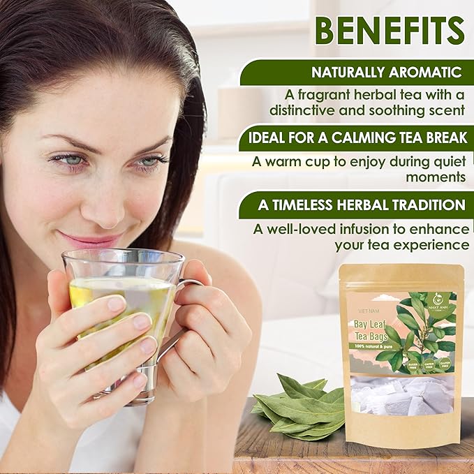 NHAT ANH FARM - Premium Bay Leaf Tea Bags, 40 Tea Bags, 100% Natural Dried Bay Leaf, Naturally Sweet Herbal Tea, Sugar-Free, Caffeine-Free, No Additives.