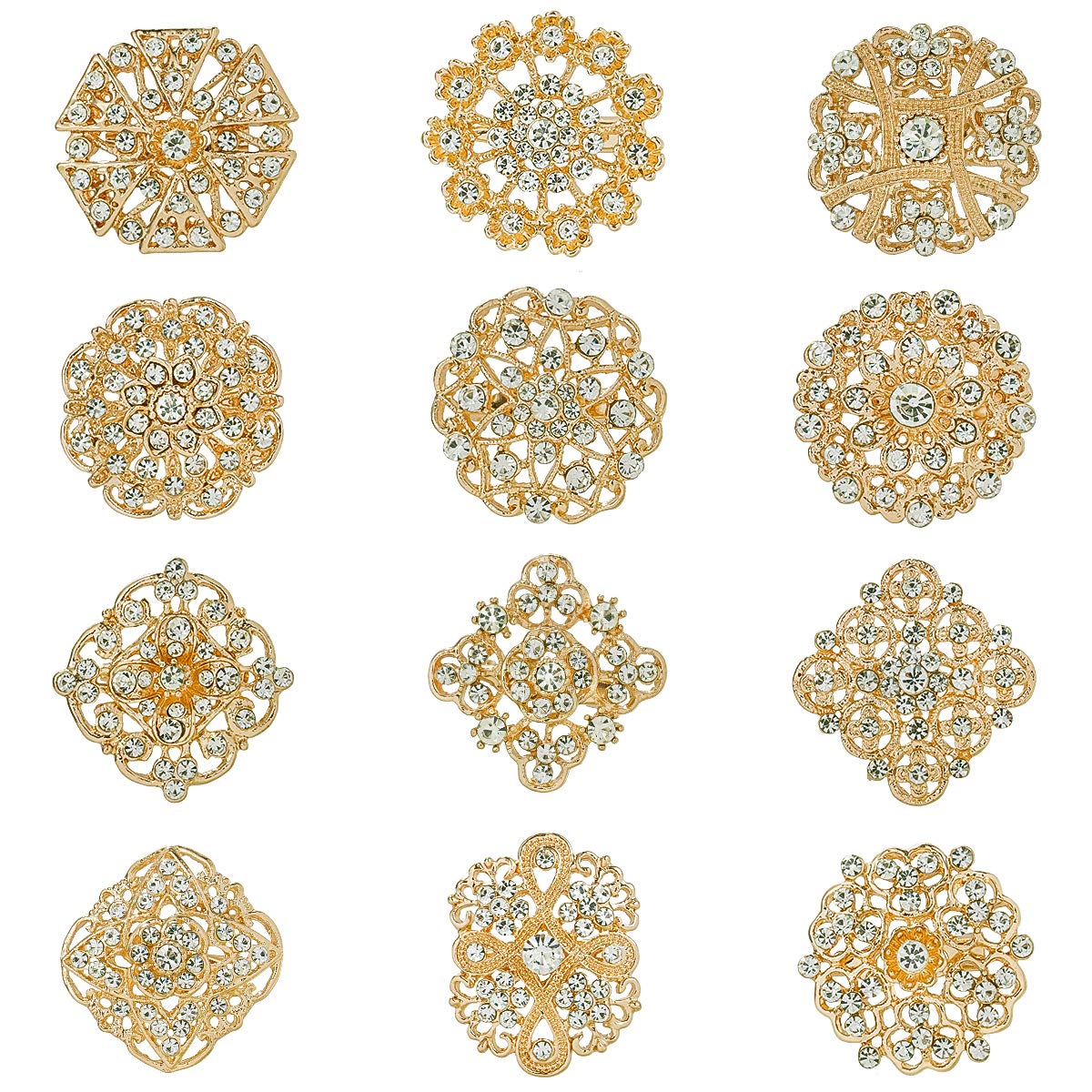 MEEDOZ Women's Gold Plated Lot 12pcs Assorted Crystal Rhinestone Flower Brooch Pin Set for DIY Bridal Wedding Bouquet Kit (Gold Tone)