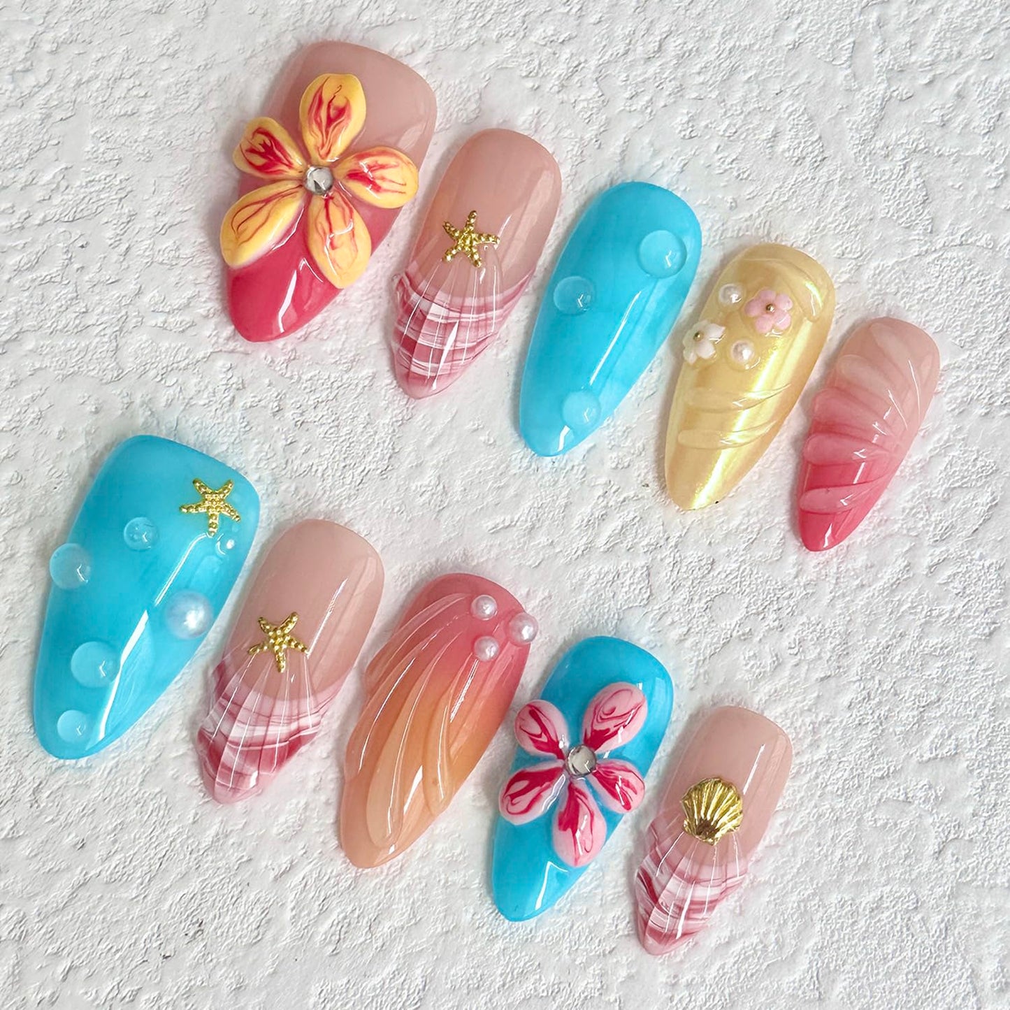 Luxury Press on Nails Medium Almond Handmade 3D Unique Reusable ABS Material Fake Nails French Tip False Nails with Designs Flower Hawaii Ocean Art Petal Glossy Glue on Nail Thick Acrylic Nail(S)