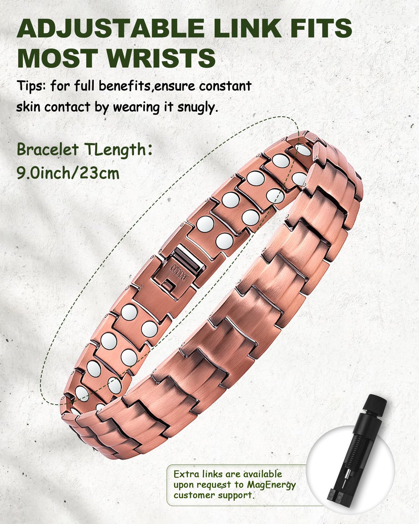 MagEnergy Copper Magnetic Bracelet for Men, 99.9% Pure Copper Bracelet with Double-Row Strength Magnets, Adjustable Jewelry with Sizing Tool