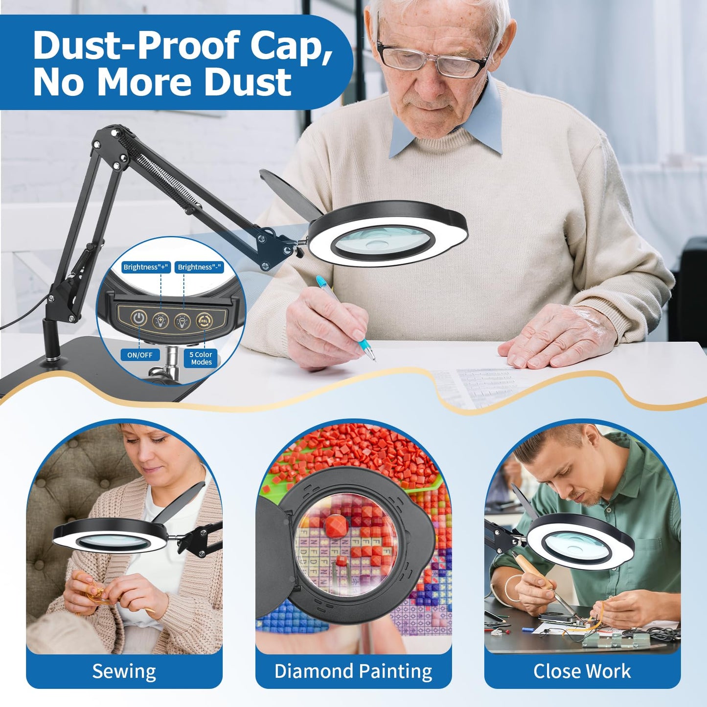 15X 30X Magnifying Glass with Light and Stand, LED Desk Lamp with Base and Clamp, 5 Color Mode, 10 Dimmable Levels, Hands-Free Magnifying Glasses for Close Work, Reading, Crafts, Jewelry