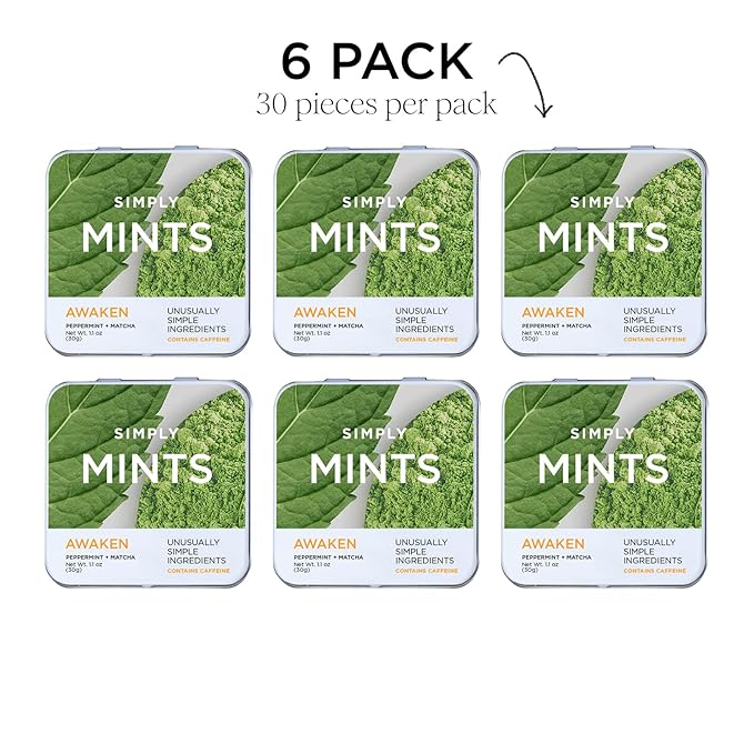 SIMPLY Mints | Caffeinated Breath Mints- Awaken (Caffeine + Peppermint + Matcha) | Pack of Six (180 Pieces Total) | Microdose Caffeine + Breath Freshening + Aspartame-Free + Vegan + non-GMO