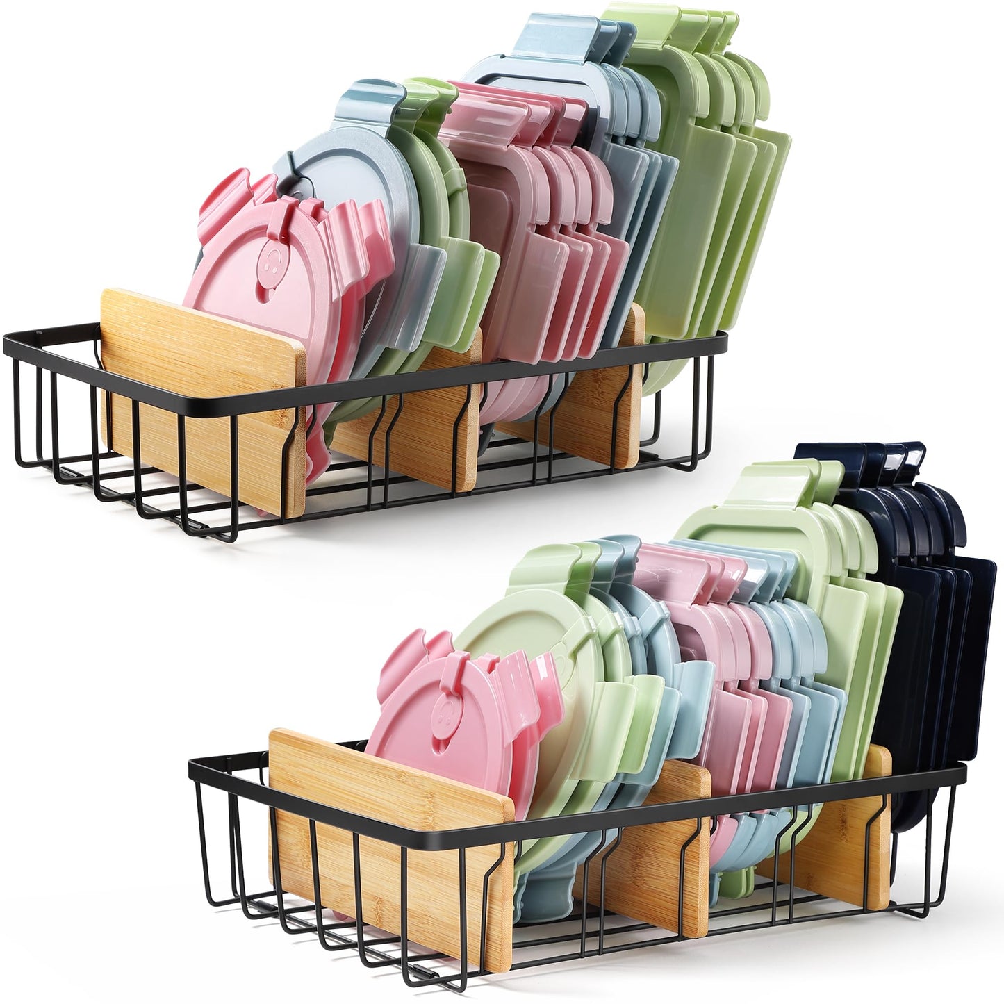 CACHOLIV 2-Pack Adjustable Lid Organizers - Large Kitchen Cabinet Organizer for Food Storage Container and Tumbler Cup Lids with 6 Bamboo Dividers -Organizers in Kitchen/Pantry/Laundry Room(Size:M+L)