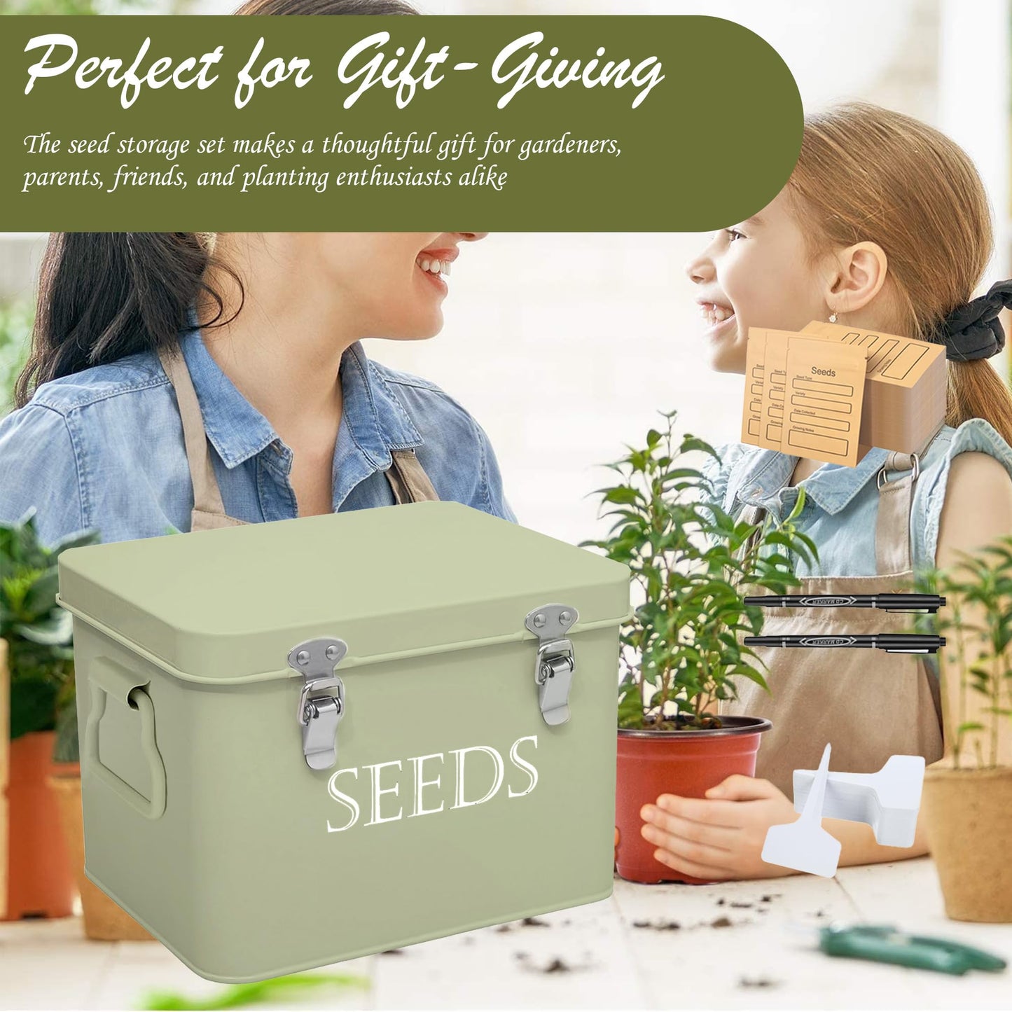 Ecopark Seed Storage Box, Professional All-in-one Kit with 2 Pens, 20 Plant Labels and 50 Seed Envelopes, Metal Storage Organizer, Saving Box, Seed Packet Container, Green