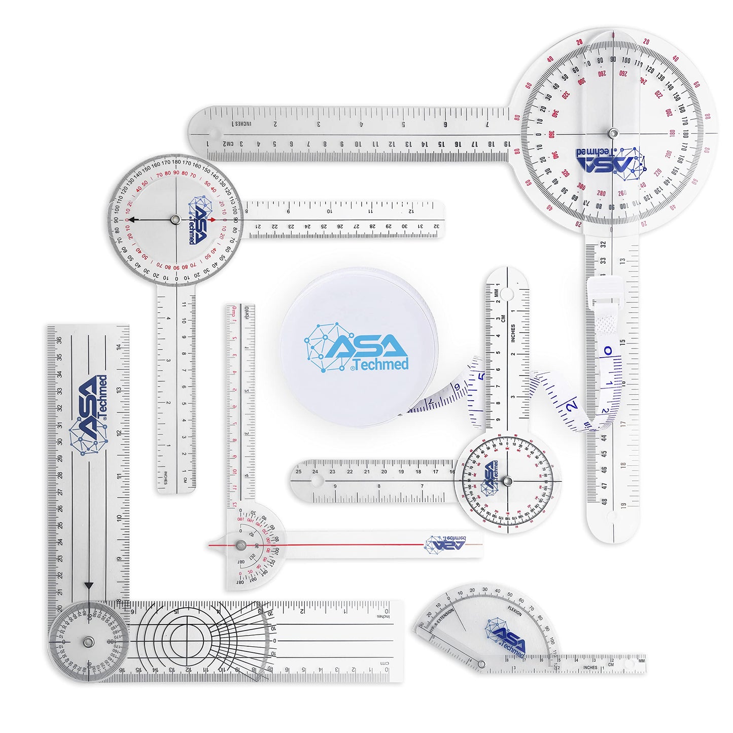 ASA TECHMED Goniometer Complete Set 6 Pieces + Body Measuring Tape - Physical Therapy, Occupational Therapy, Fitness, Medical Protractor Angle Ruler 12/8/6 Inches