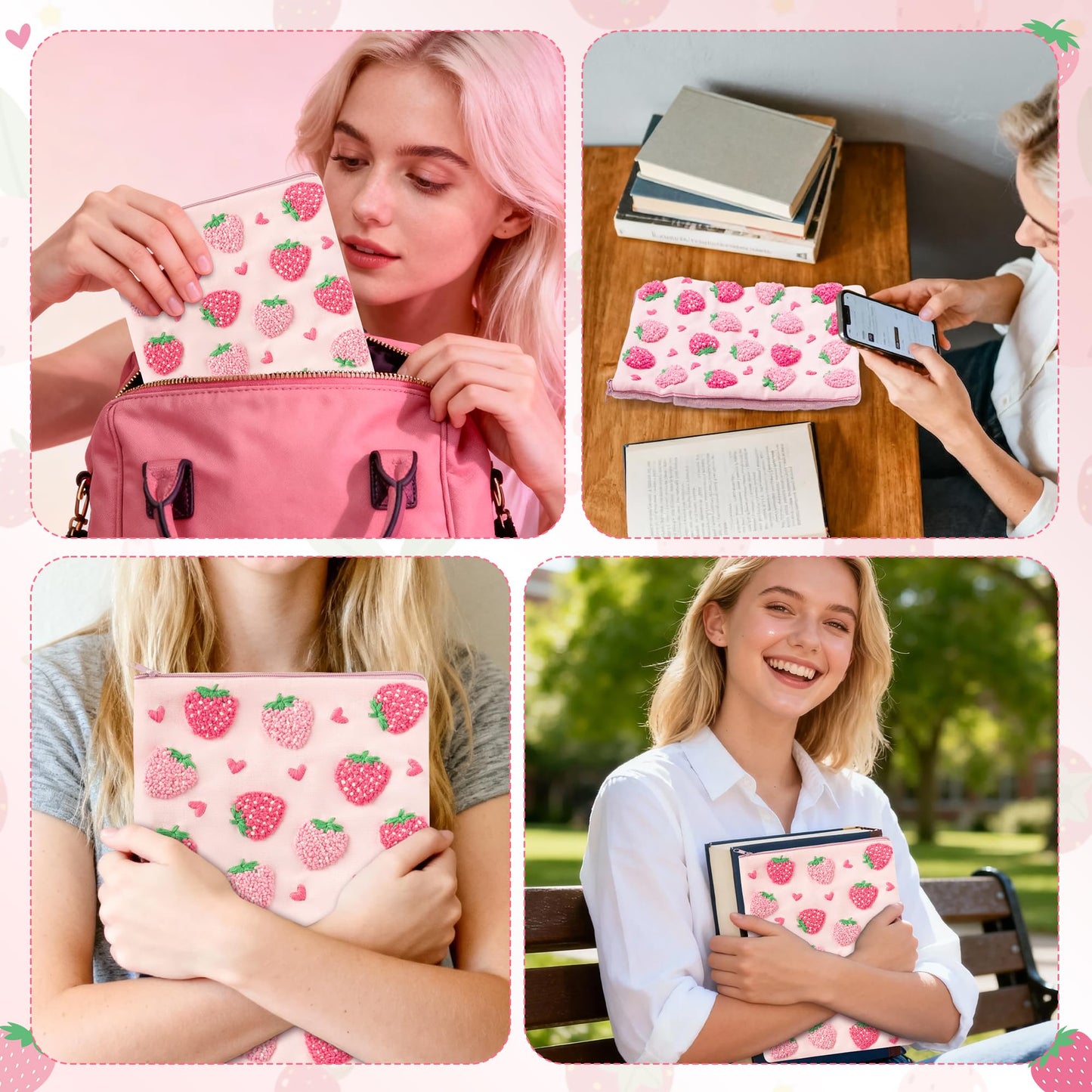 Fiupan All-in-One Strawberry Embroidery Kit - DIY Craft Kit with Thread, Fabric & Needles, Pink Embroidery Pouch for Tablet E-Reader Sleeve, Creative Birthday Gifts for Beginners（7-8 Inch）